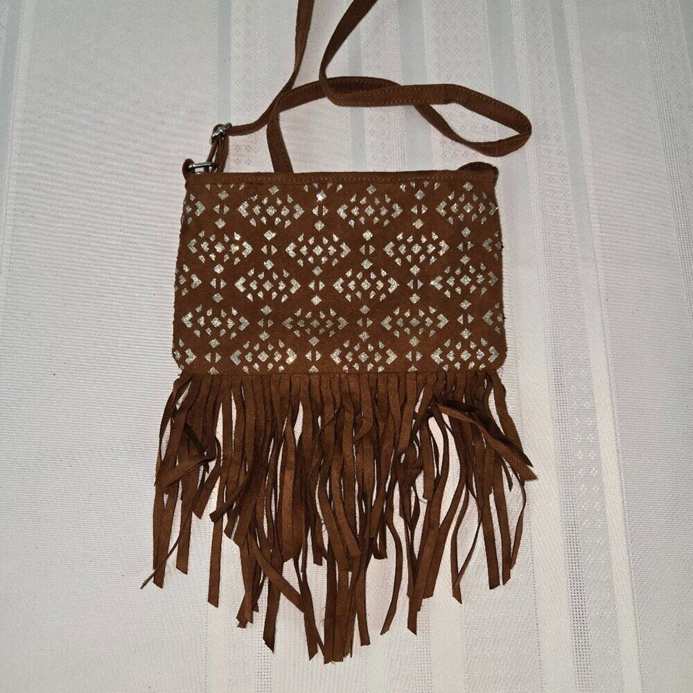 Girls Brown Suede Boho Crossbody Purse with Silver Diamond Pattern - NEW